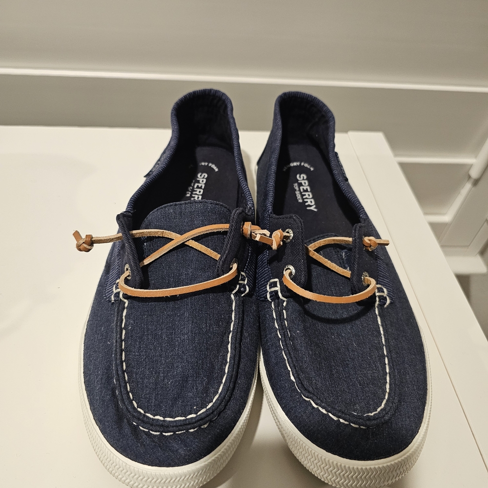 Sperry Navy Boat Shoes with Tan Laces